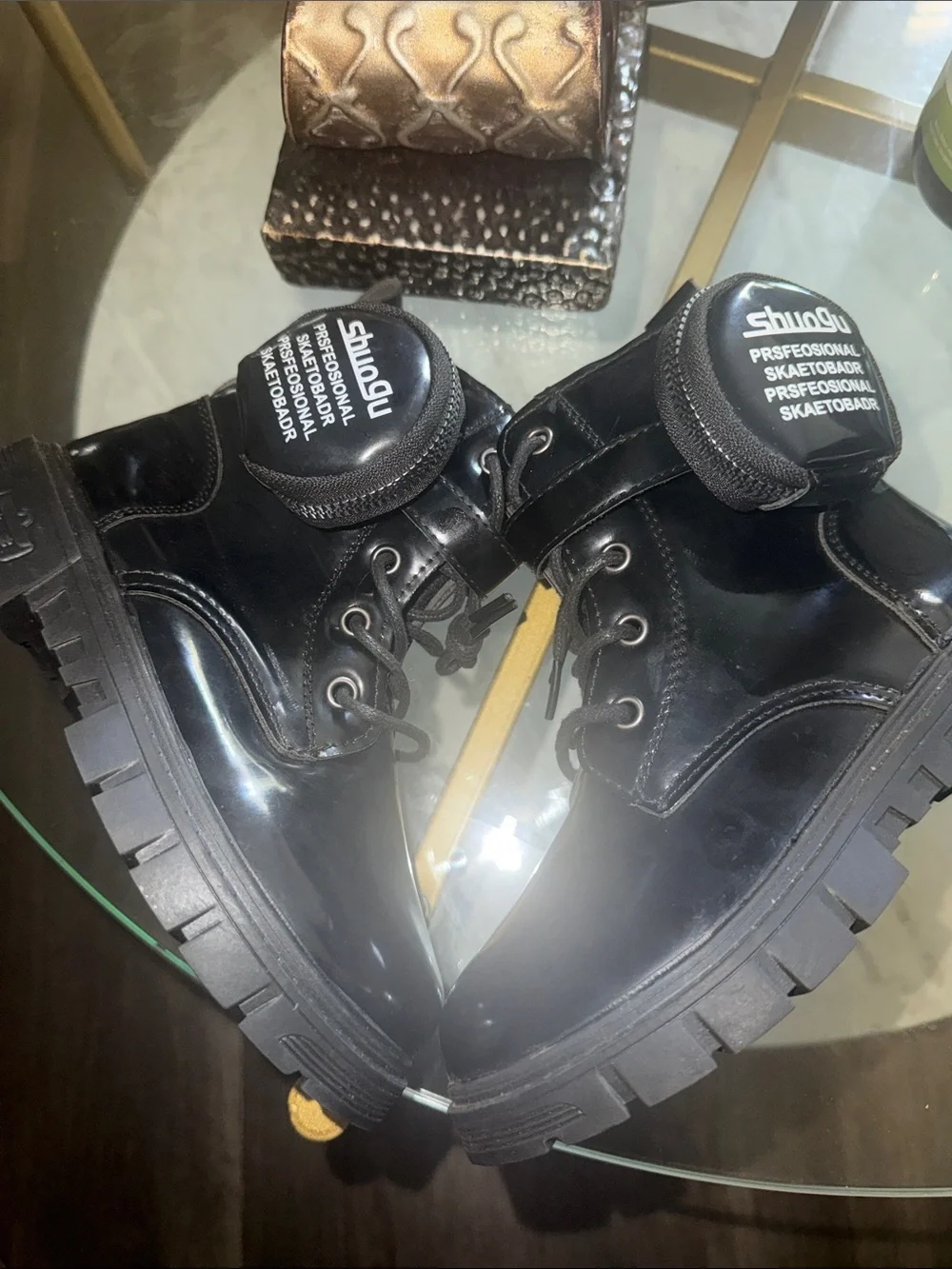 Shoe Dazzle Black Patent Lace-Up Platform Boots